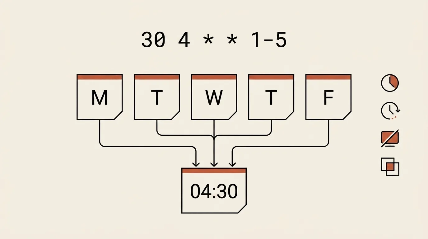 Anatomy of the five cron expression fields, weekly calendar schedule grid, and operational considerations