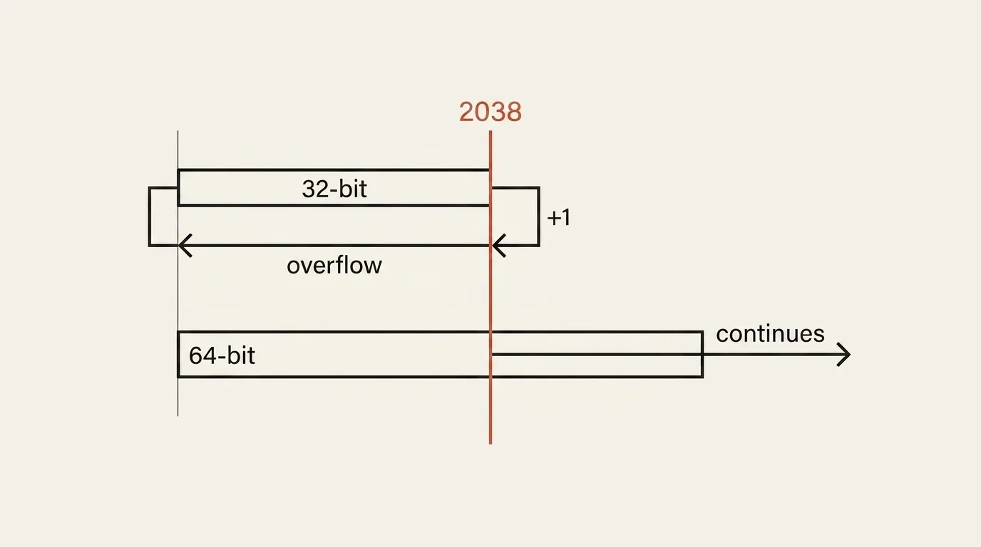 Signed 32-bit Unix timestamp integer overflow at Year 2038 versus 64-bit time headroom