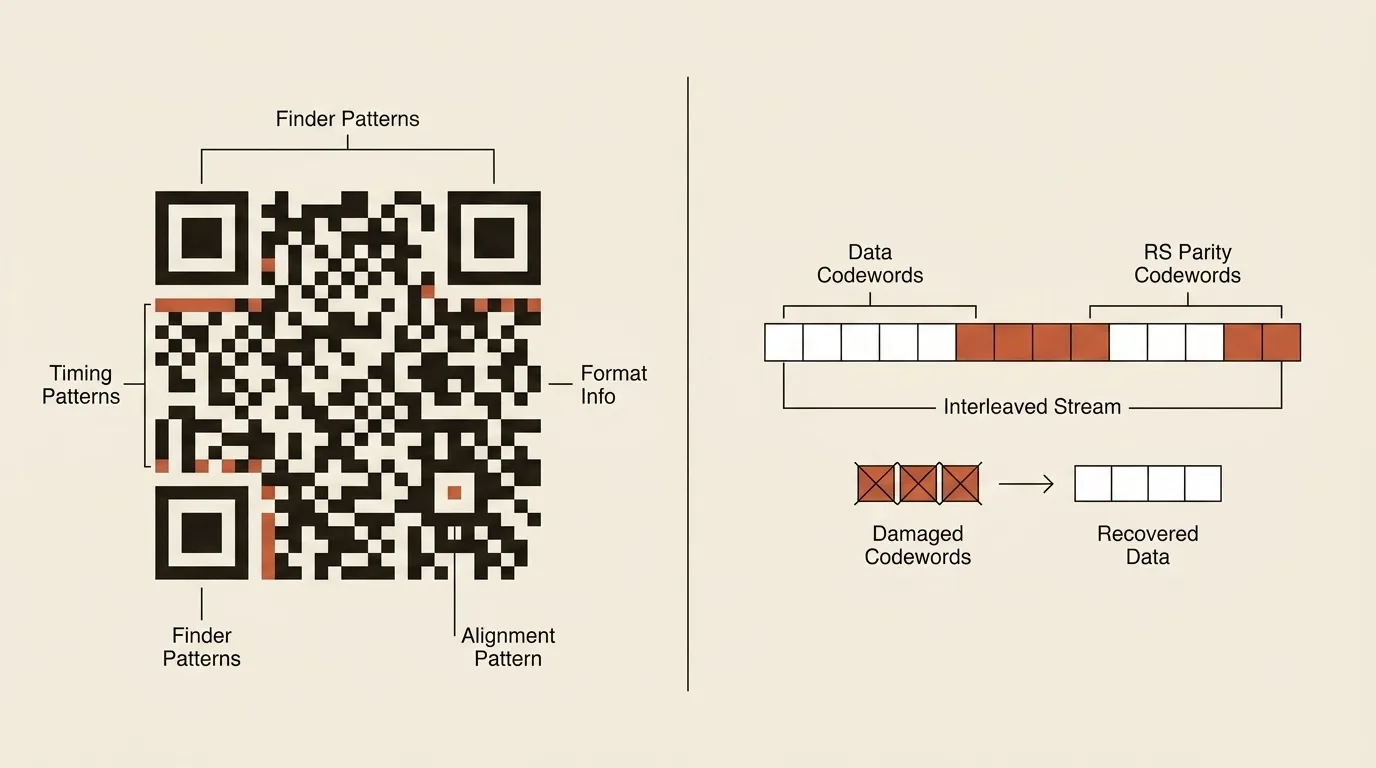 Служебные узоры QR-кода отделены от общей области чередующихся данных и проверочных слов; справа показано восстановление повреждённых кодовых слов с помощью Reed-Solomon parity