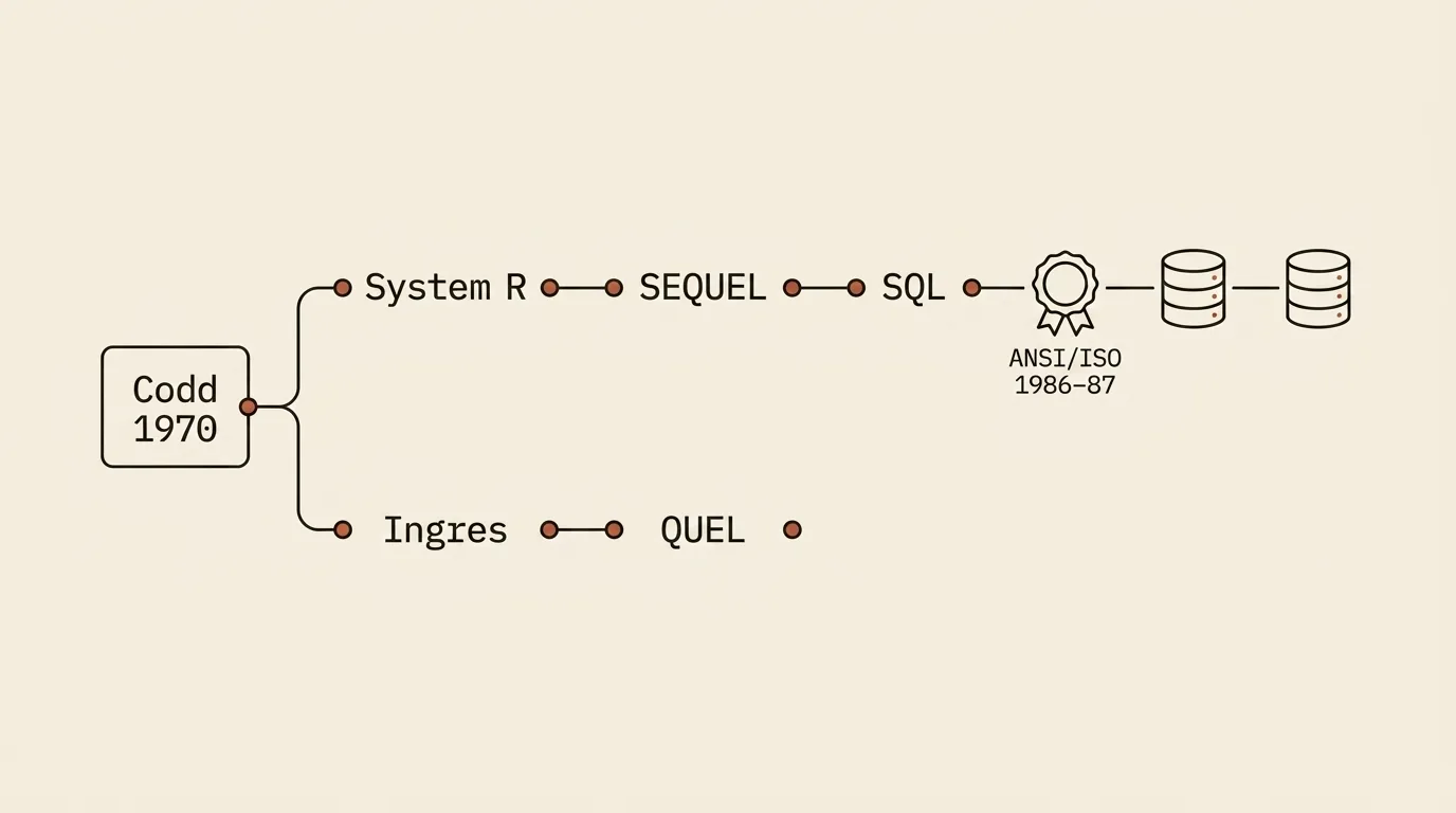 Codd's relational model branched into System R (SEQUEL) and Ingres (QUEL), leading to SQL standardization and modern database dialects
