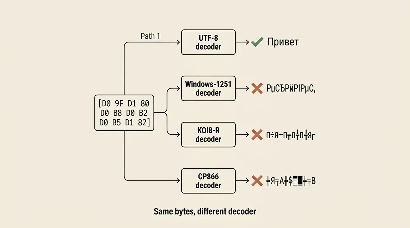 Одна и та же последовательность байтов UTF-8 превращается в слово “Привет” или разные кракозябры в зависимости от выбранного декодера