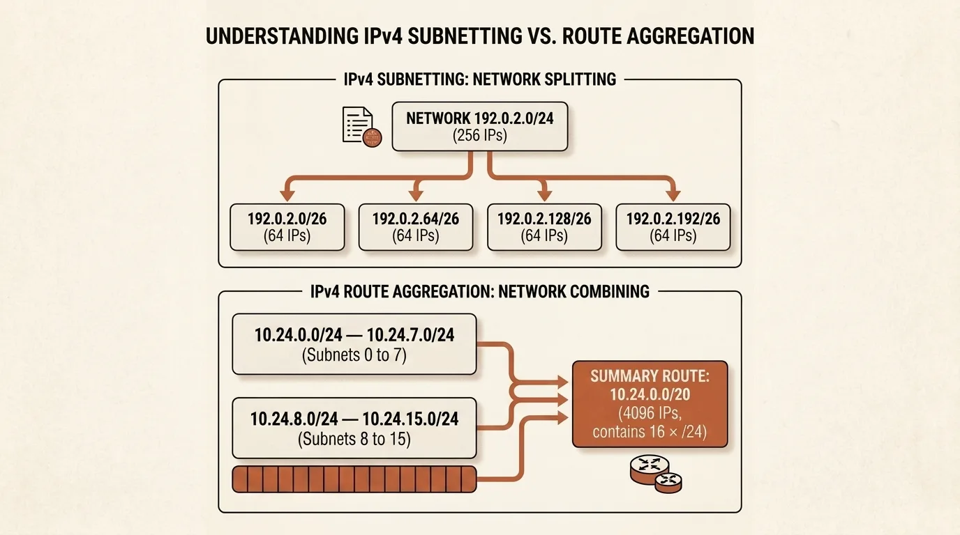 The 192.0.2.0/24 network splits into four /26 subnets while sixteen internal 10.24.0.0/24 routes aggregate into 10.24.0.0/20