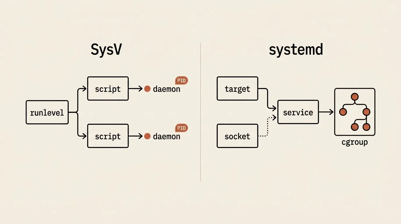 Сравнение традиционного запуска System V init с декларативным графом юнитов и сокетной активацией systemd