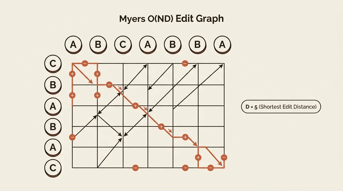 Edit graph for finding a shortest sequence of insertions and deletions