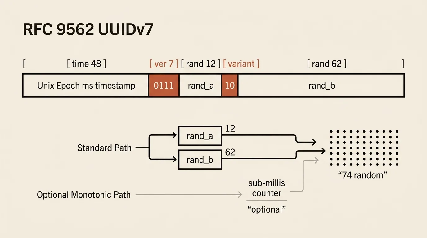 Точная разметка UUIDv7 по RFC 9562 с 48-битным временем, полями версии и варианта, 74 случайными битами и отдельной необязательной монотонной схемой