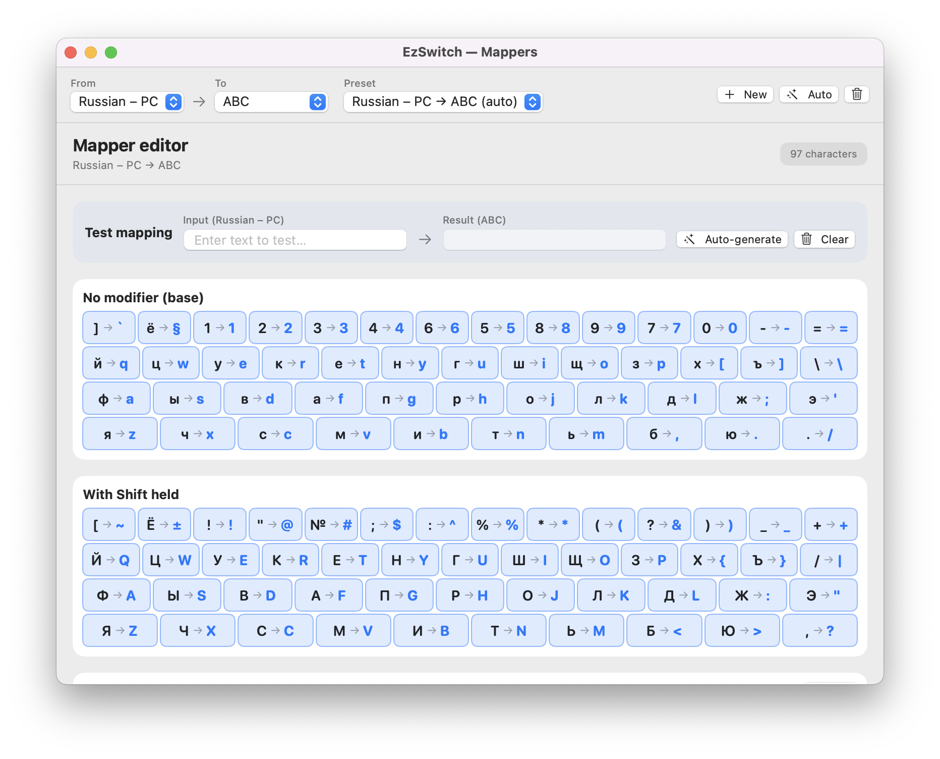 Generated keyboard layout character map