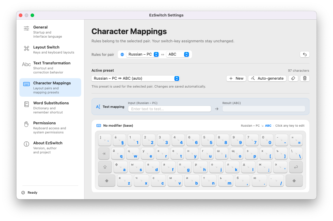 EzSwitch Character Mappings settings with a visual keyboard and bidirectional test field