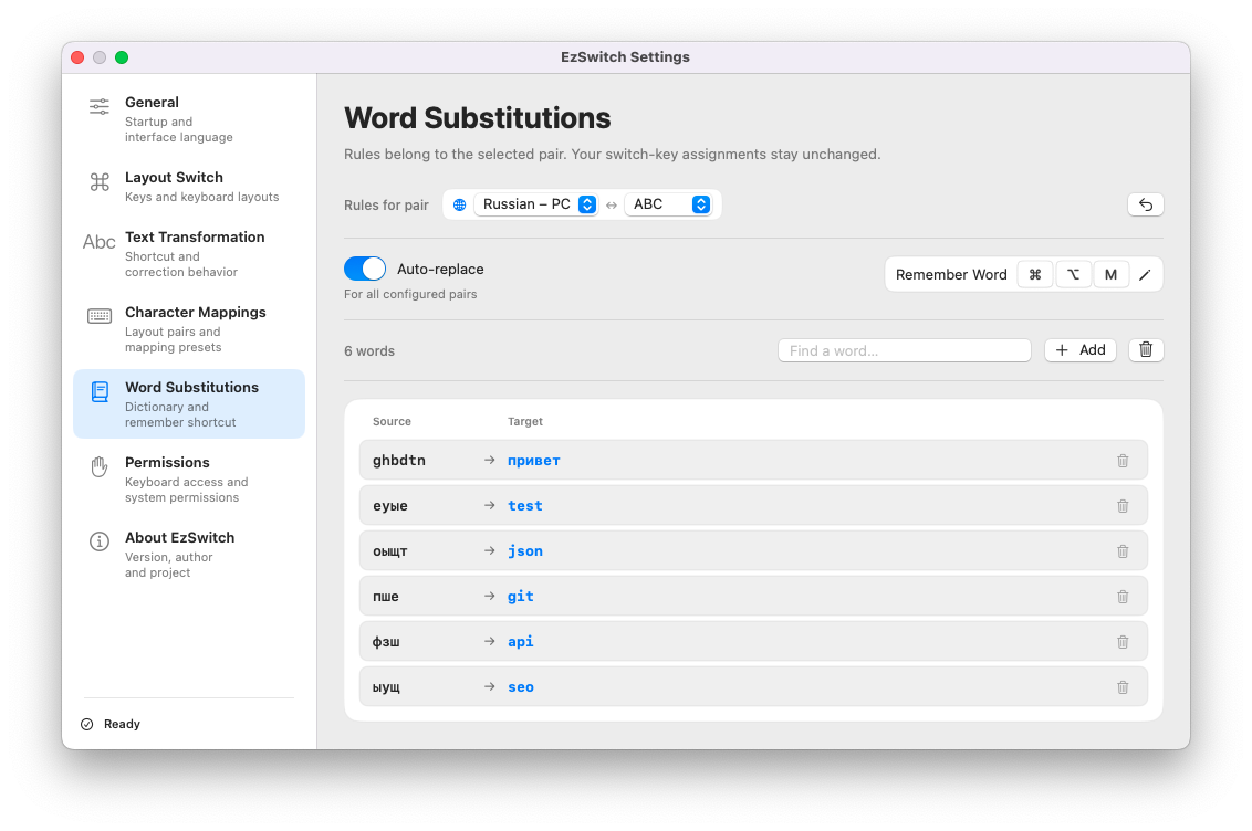 EzSwitch Word Substitutions settings with custom replacements, search and the Remember Word shortcut