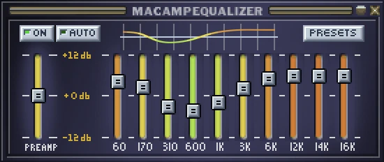 MacAmp equalizer window with a boosted bass and treble curve