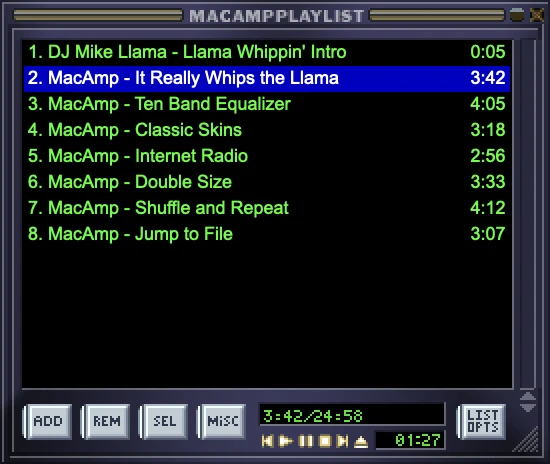 MacAmp playlist editor with eight tracks and the running time total