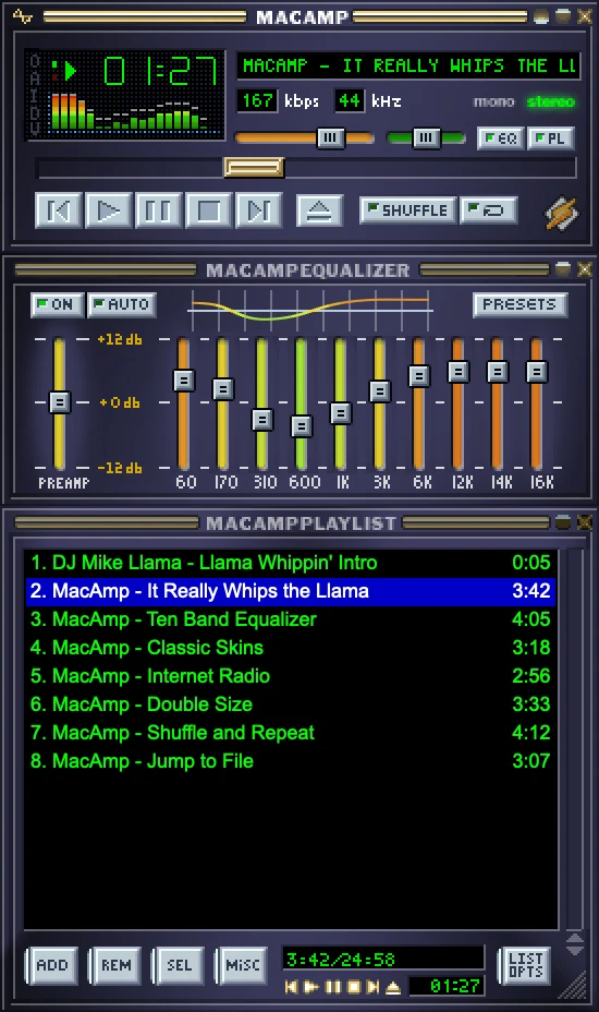 MacAmp main window, equalizer and playlist docked together: a track is playing, the spectrum analyzer is running