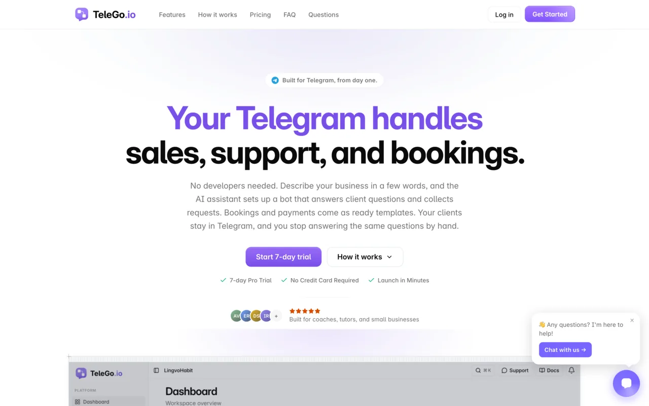 Главная страница TeleGo: конструктор Telegram-ботов для продаж, поддержки и записи
